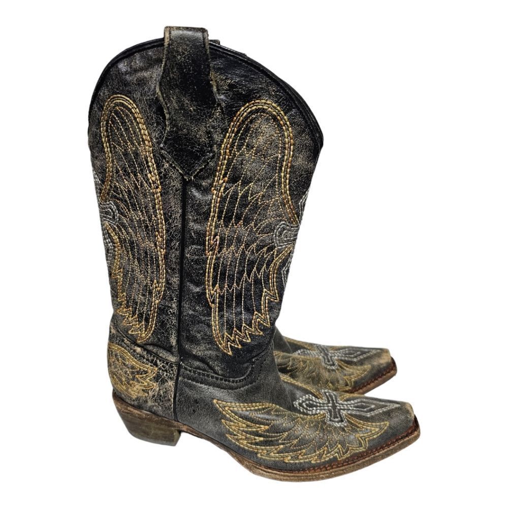 CORRAL Teens Western Pull On Brown Leather Embroidered Boots -‎ Size 4